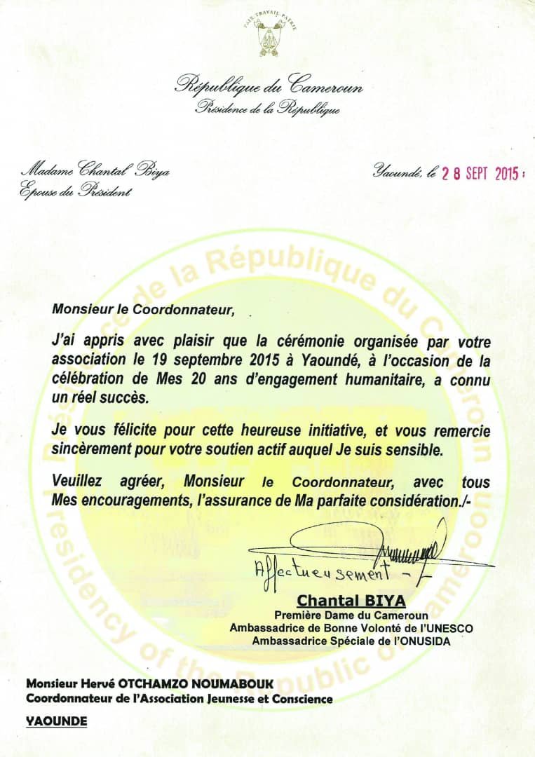 Lettre de Madame Chantal BIYA à la jeunesse